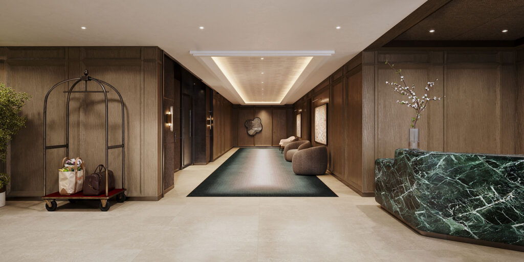 Interior view of the lobby and hallway of 720 West End